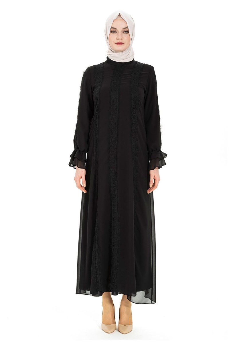 Beyza Siyah Dantelli Şifon Elbise