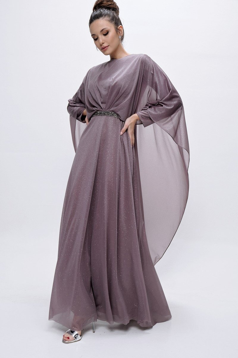 Saygı Giyim Lila Üstü Taşlı Pelerinli Simli Abiye Elbise