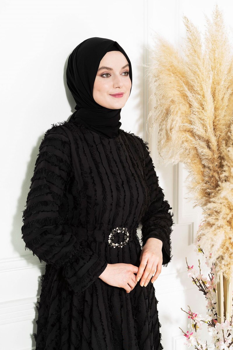 Beyza Siyah Saçaklı Abiye Elbise