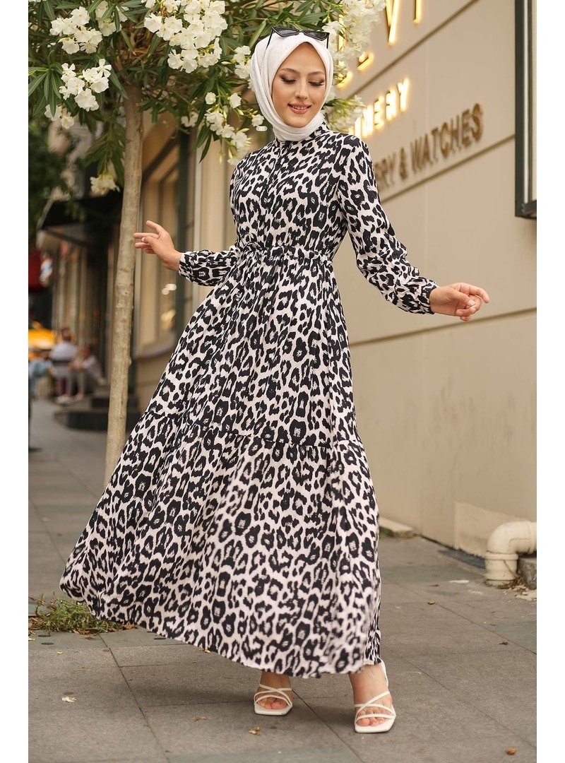 İmaj Butik Boydan Düğmeli Leopar Desenli Elbise