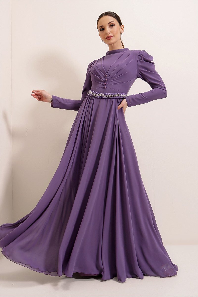Saygı Giyim Lila Önü Düğme Detaylı Pileli Beli Boncuk Kemerli Astarlı Uzun Şifon Abiye Elbise