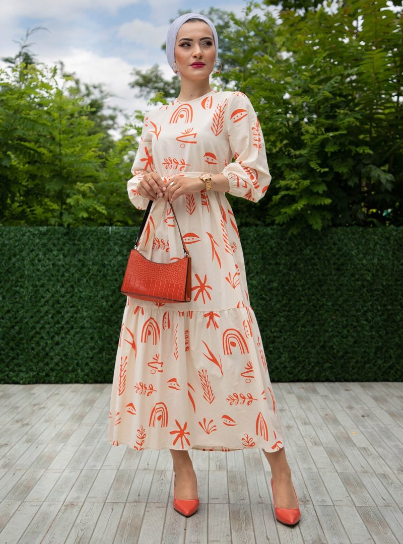 Sevit-Li Oranj Desenli Elbise