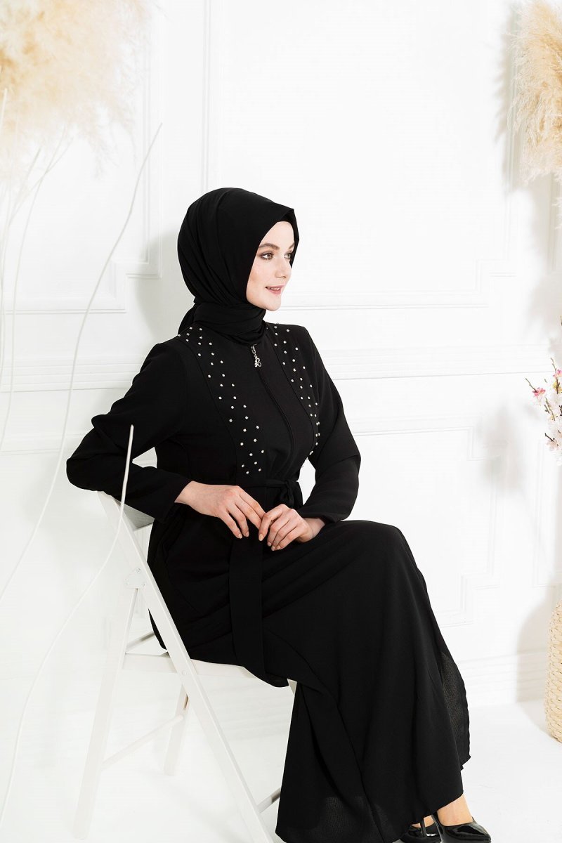 Beyza Siyah Belden Bağcıklı Ferace