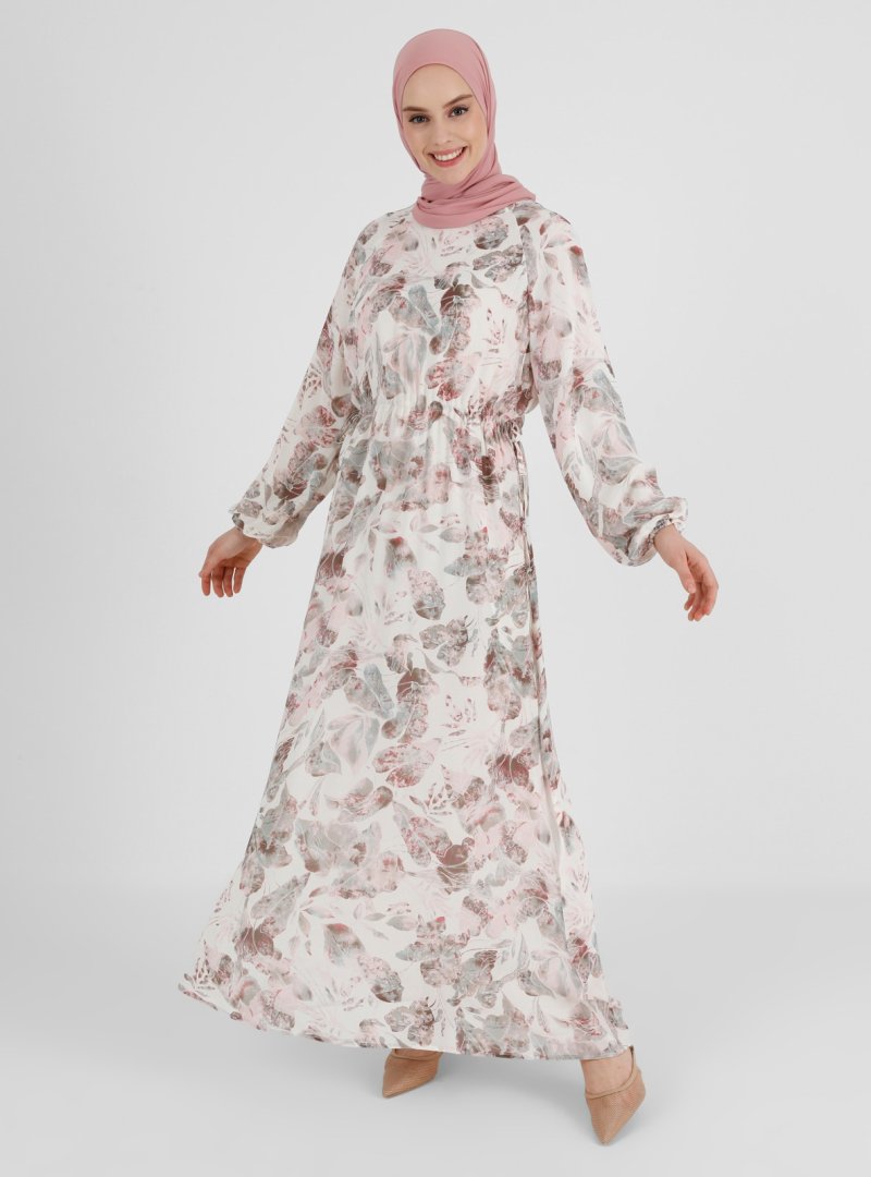 Refka Off White Çiçek Desenli Beli Bağcıklı Yoryo Şifon Elbise