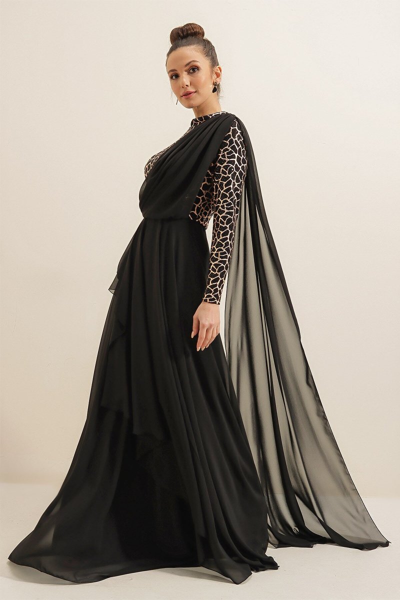 Saygı Giyim Siyah Üstü Pullu Yaldızlı Altı Astarlı Volanlı Şifon Uzun Abiye Elbise