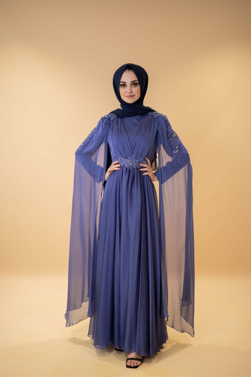 Egelin Pelerin Kol İşlemeli Bel Detay Mavi Abiye Elbise