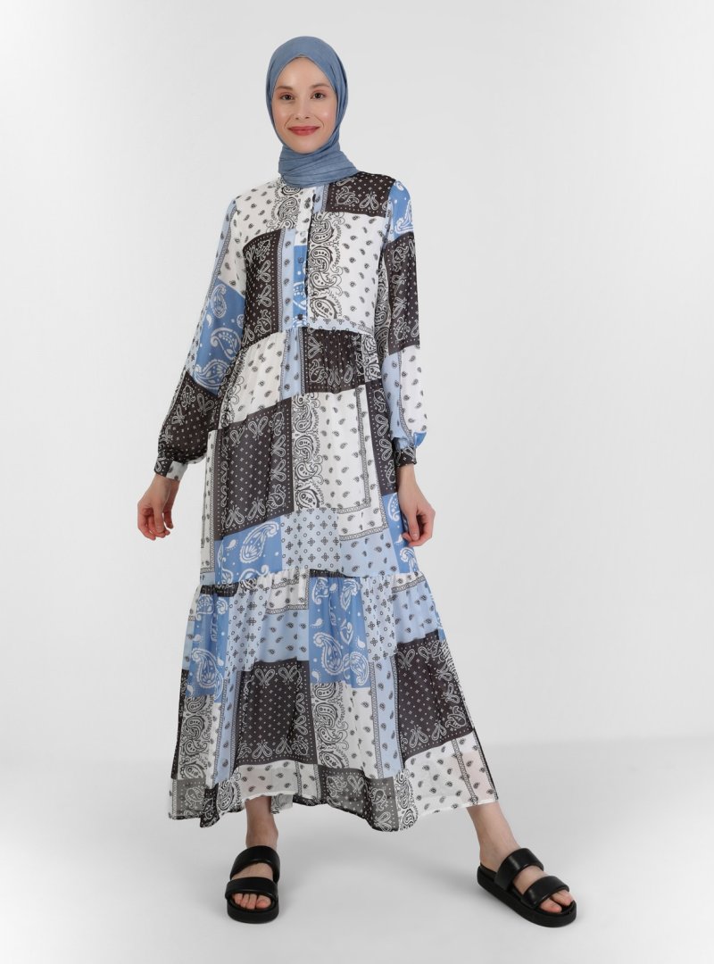 Benin Siyah Patchwork Desenli Astarlı Şifon Elbise
