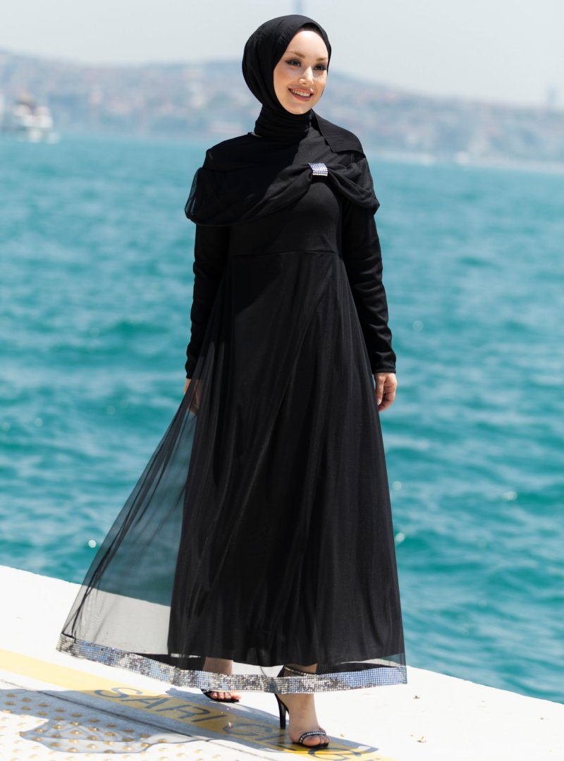 Tofisa Siyah Ete Ucu Detaylı Abiye Elbise