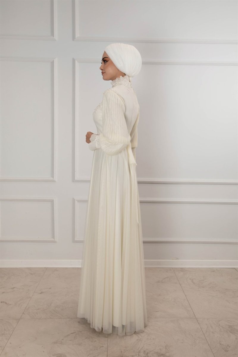 Egelin Ekru Uzun Drape Kol Güpür Detaylı Şifon Abiye Elbise