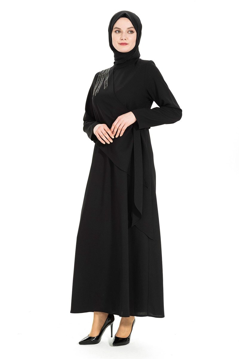 Beyza Siyah Yapıştırma Taş Detayı Olan Elbise