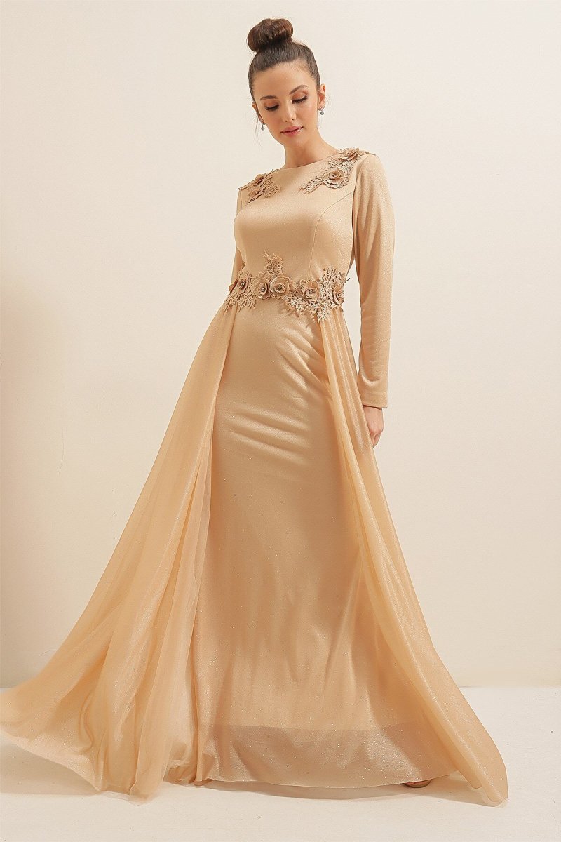 Saygı Giyim Gold Yakası Beli Çiçekli Simli Abiye Elbise