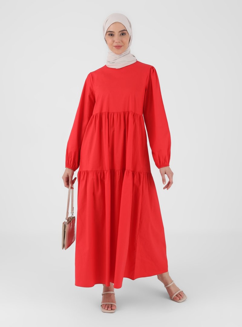 Rabia Karancı Kırmızı Kol Ucu Lastikli Salaş Elbise