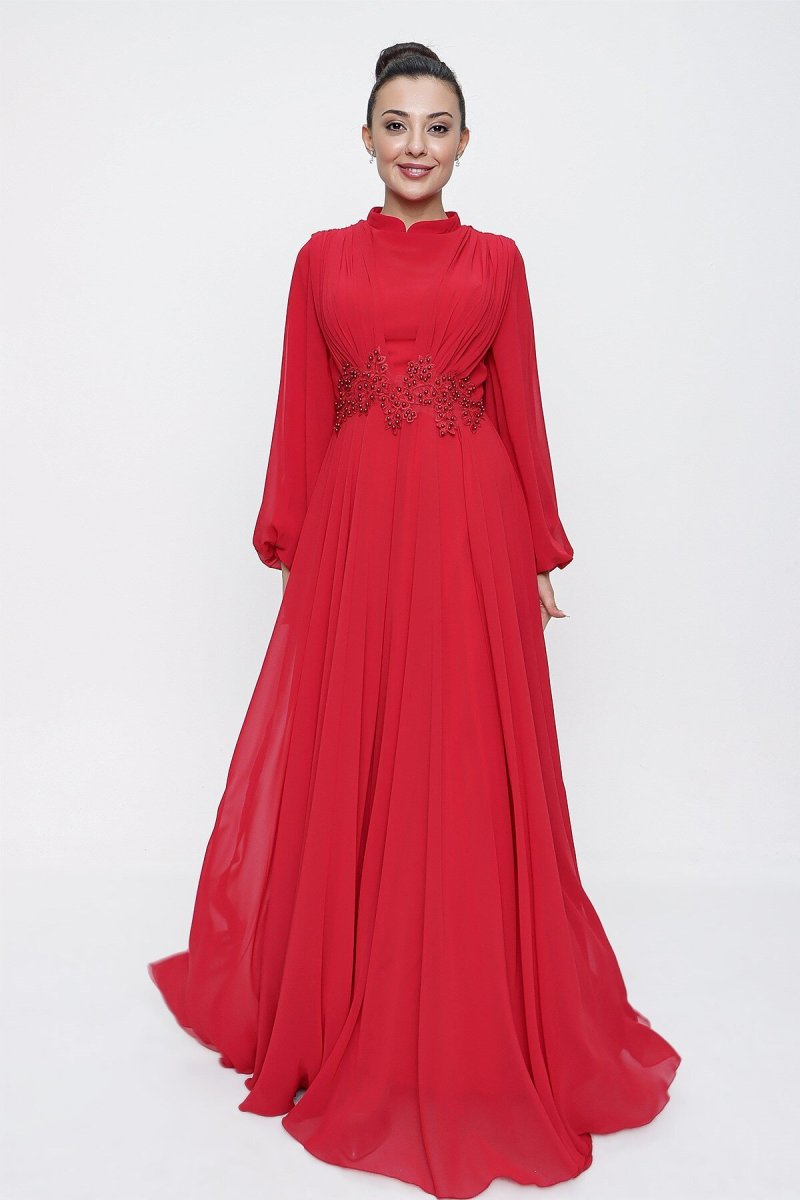 Saygı Giyim Kırmızı Üstü Pileli Beli Boncuk Güpür Detaylı Astarlı Uzun Şifon Abiye Elbise