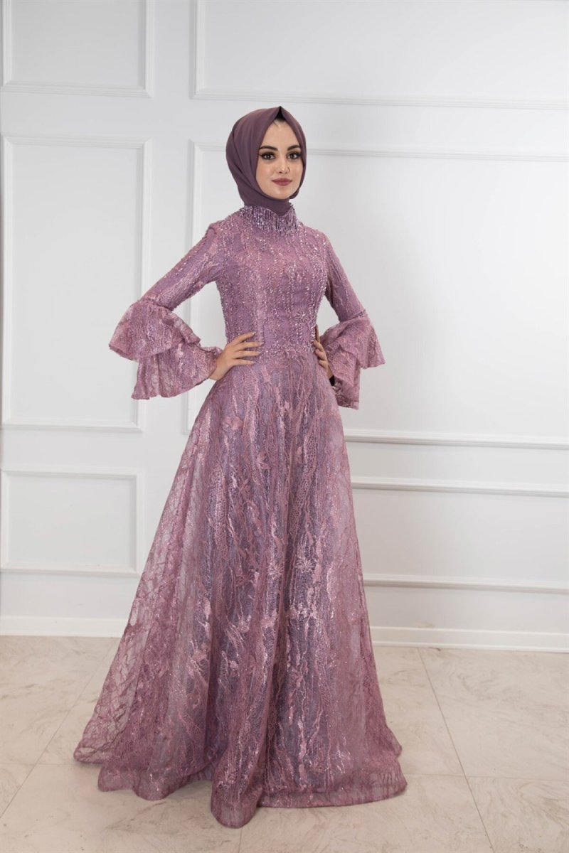 Egelin Lila Hakim Yaka Kolları Volanlı Abiye Elbise