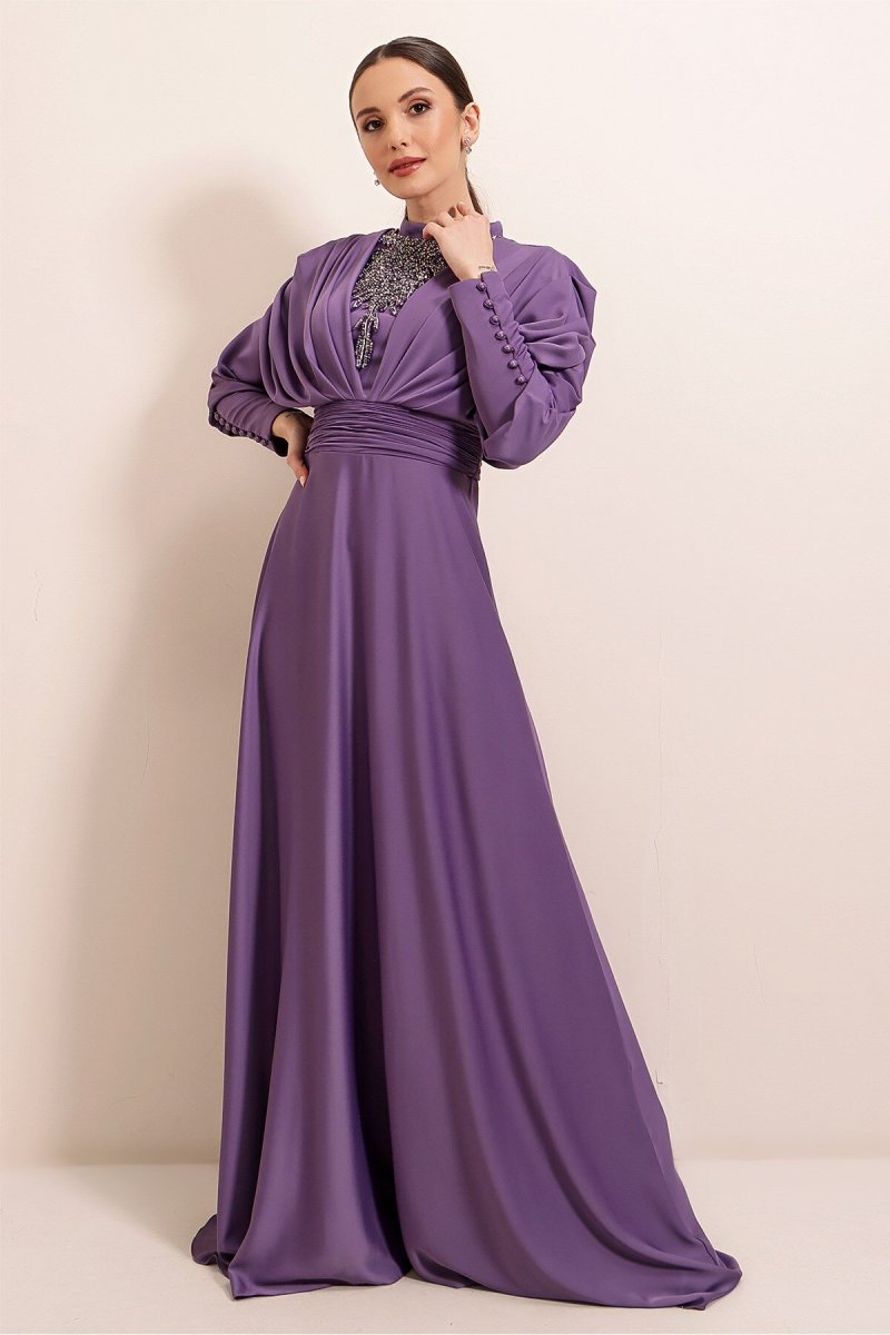 Saygı Giyim Lila Kolları Büzgülü Düğme Detaylı Astarlı Önü Boncuklu Saten Uzuın Abiye Elbise