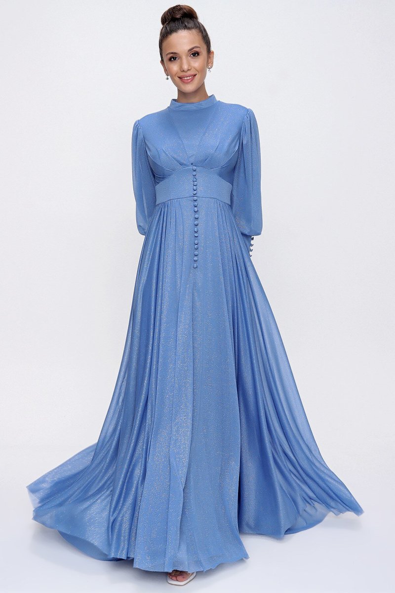 Saygı Giyim İndigo Düğme Detaylı Simli Uzun Abiye Elbise