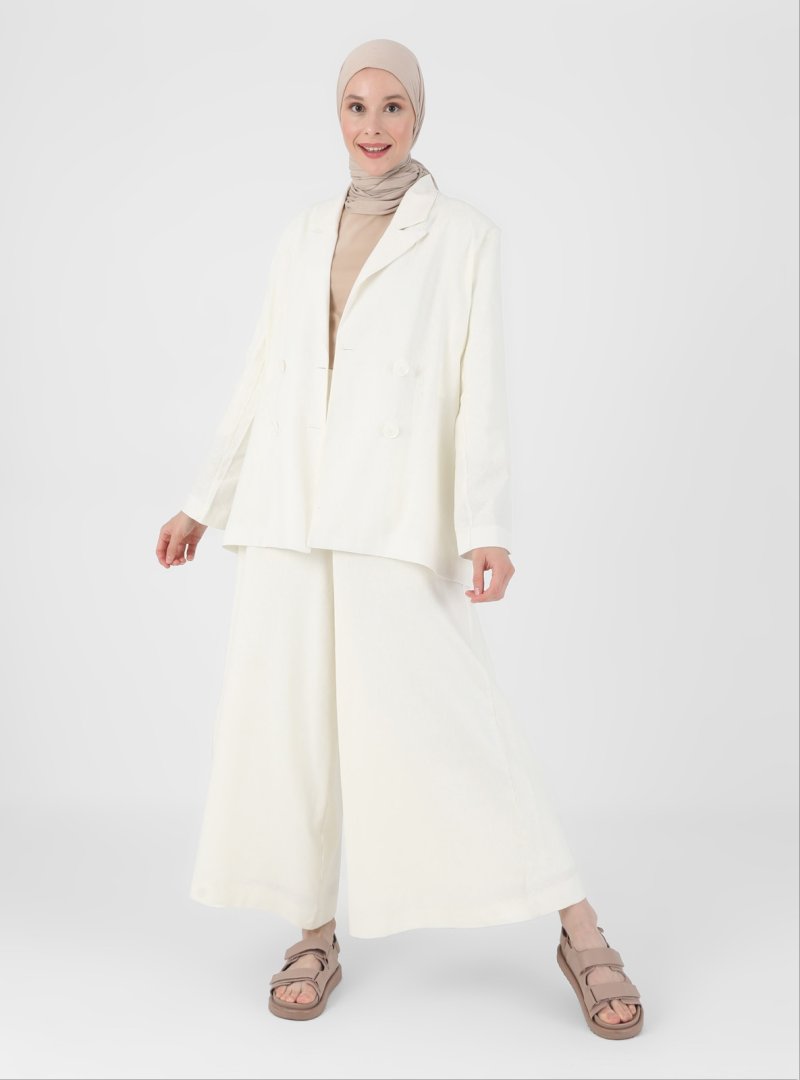 Refka Off White Çift Kapama Keten Ceket