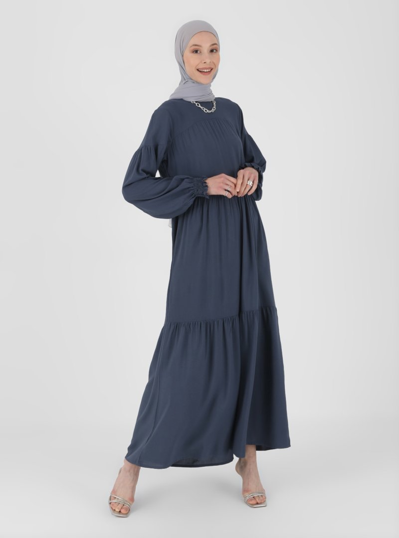 Refka Lacivert Doğal Kumaşlı Kol Uçları Gipe Detaylı Elbise