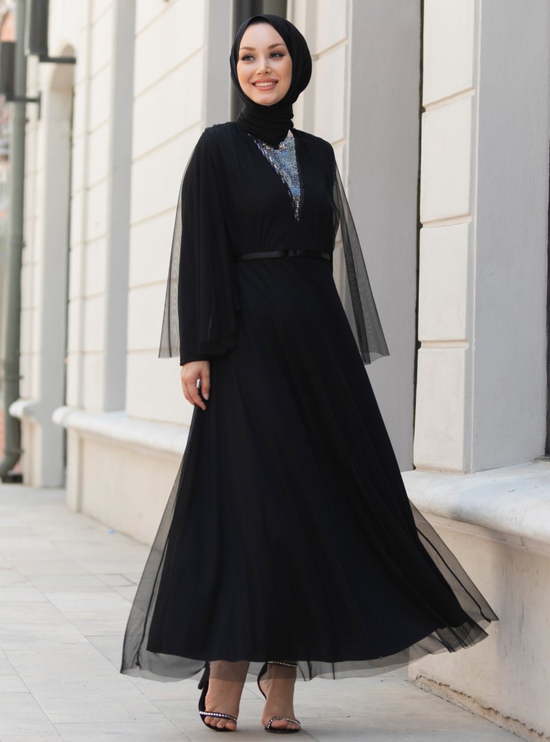 Tofisa Siyah Tül Detaylı Abiye Elbise