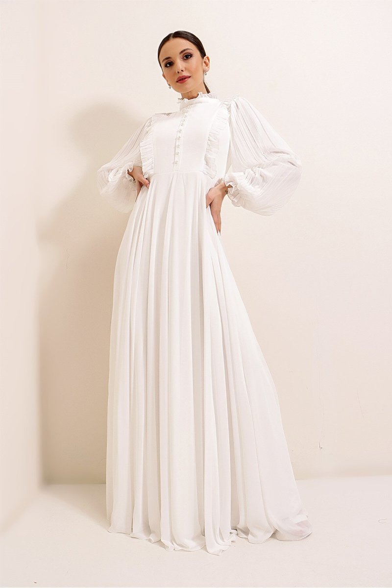 Saygı Giyim Ekru Önü Düğme Detaylı Kolları Pileli Astarlı Uzun Şifon Abiye Elbise