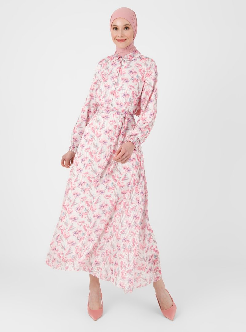 Refka Ekru Pembe Çiçek Desenli Şifon Elbise