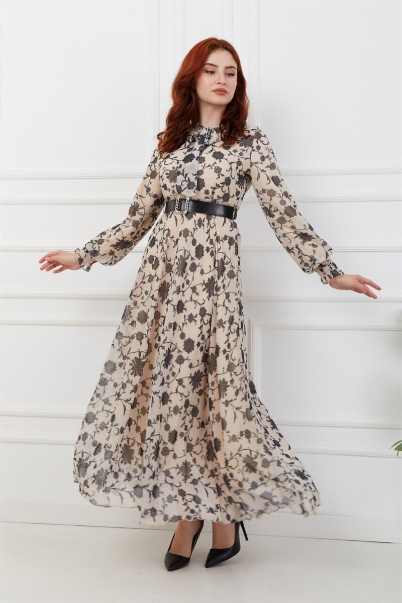Olcay Bej Yakası Bağlamalı Kemer Detaylı Şifon Elbise