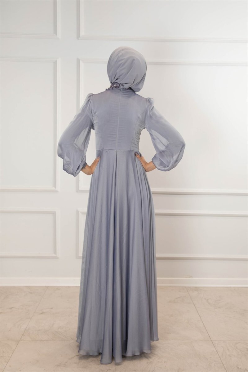 Egelin İndigo Yaka Ve Bel Taş Aksesuar Balon Kol Şifon Abiye Elbise