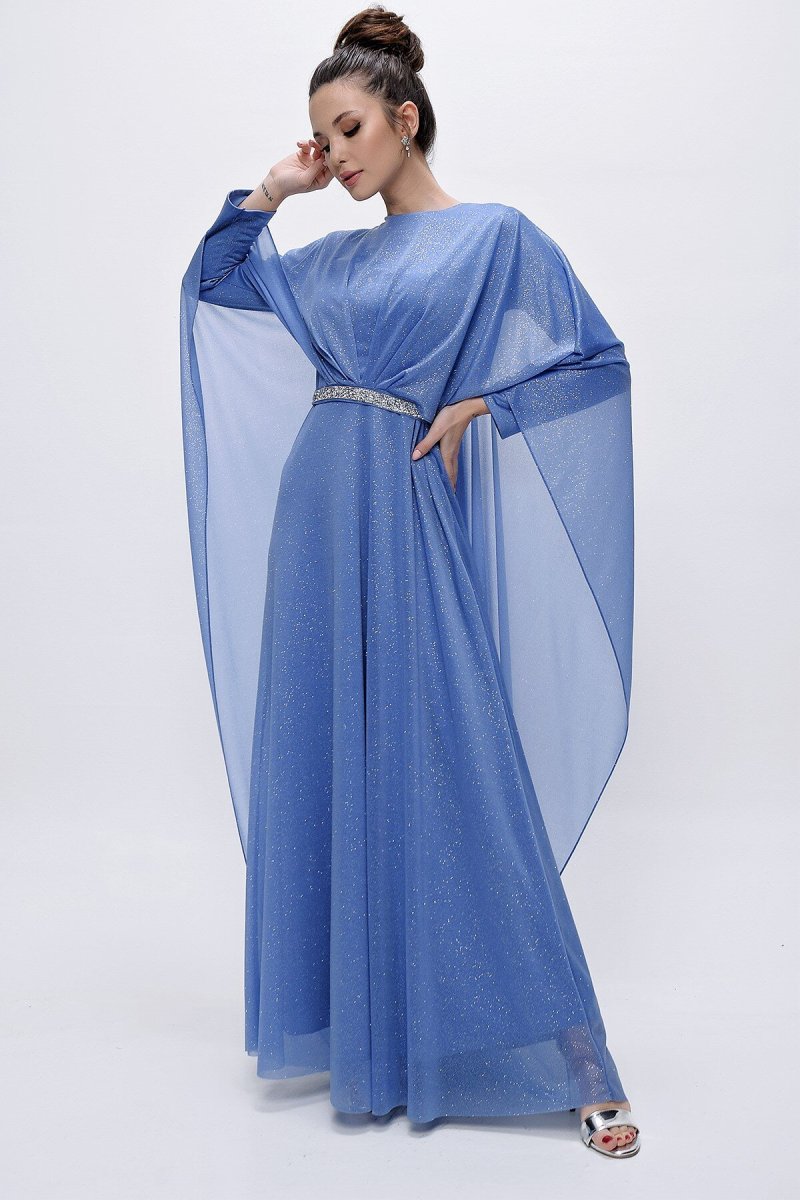 Saygı Giyim İndigo Üstü Taşlı Pelerinli Simli Abiye Elbise