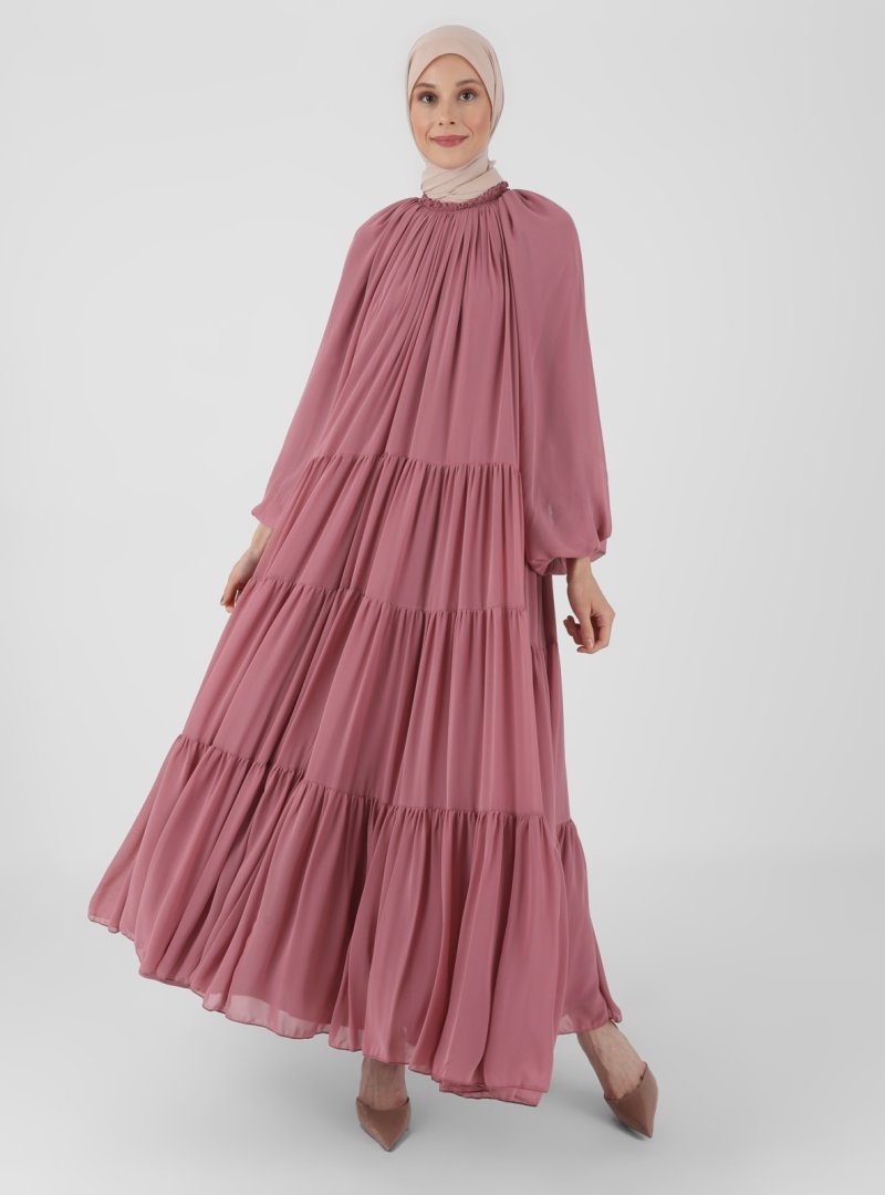 Refka Gül Kurusu Yakası Gipe Detaylı Geniş Kesim Şifon Abiye Elbise