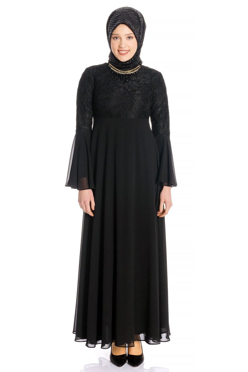 Beyza Siyah Kolyeli Dantelli Abiye Elbise