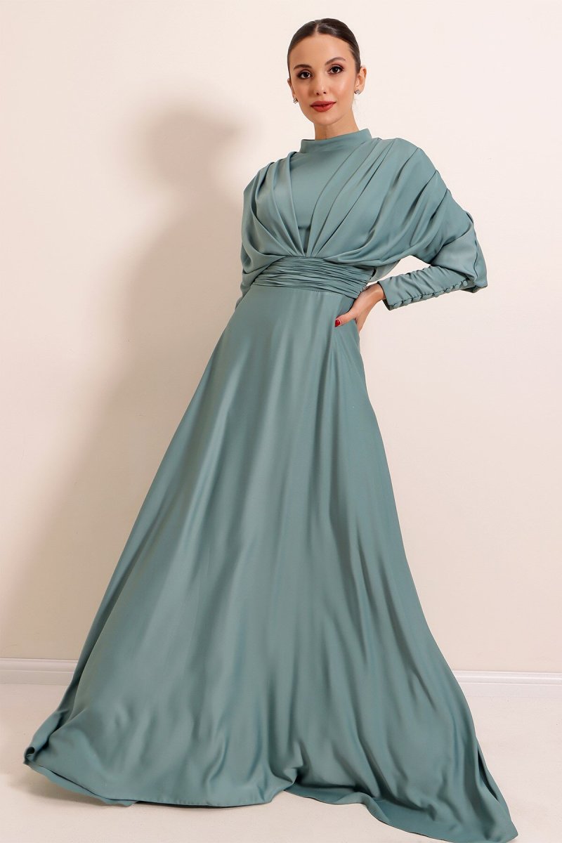 Saygı Giyim Mint Ön Arka Büzgülü Kollar Düğme Detaylı Astarlı Uzun Saten Abiye Elbise
