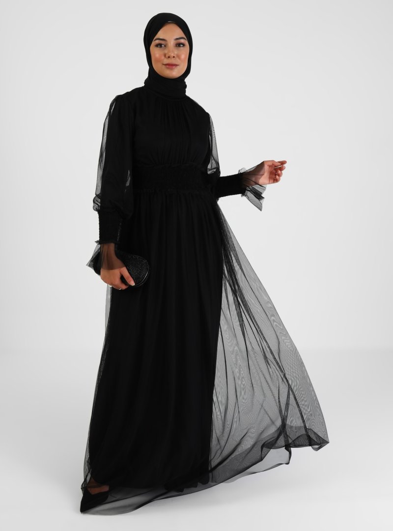Tavin Siyah Bel Ve Kol Uçları Gipe Detaylı Abiye Elbise