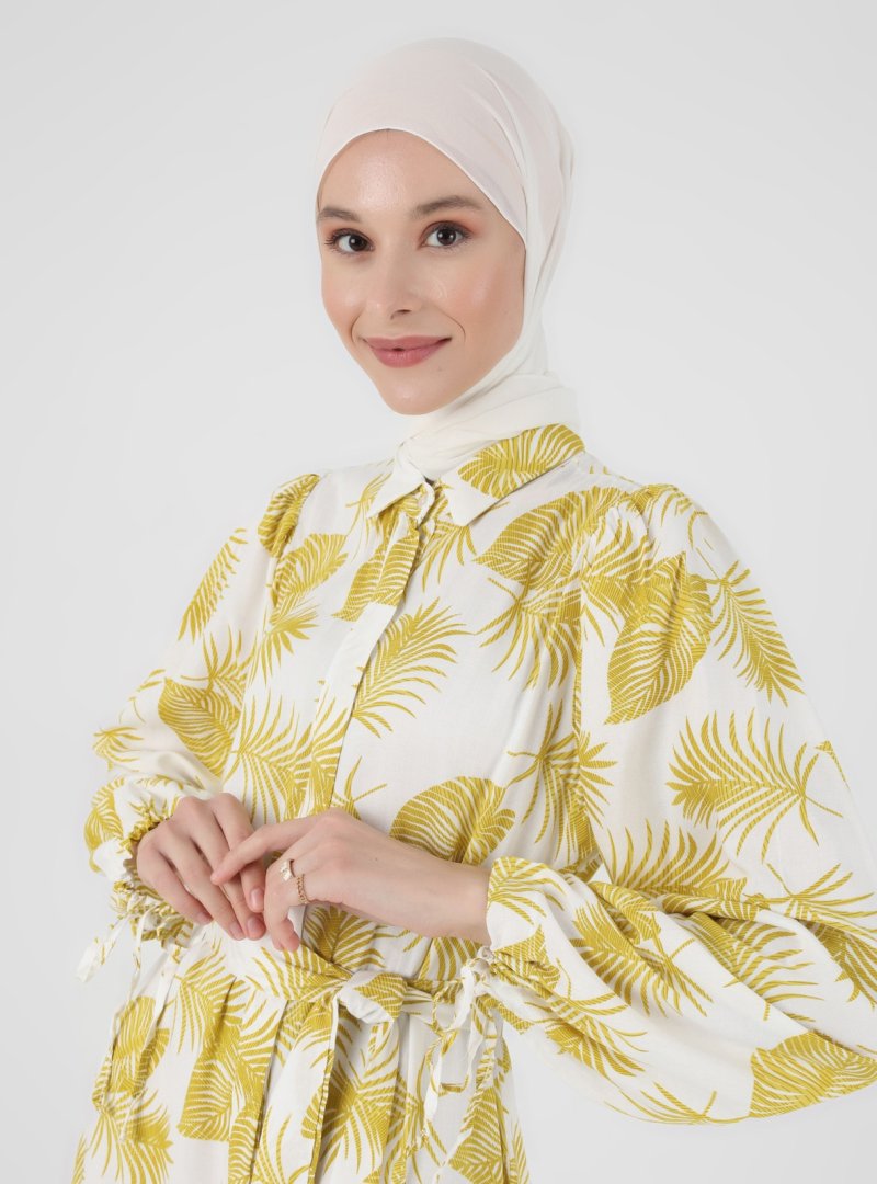 Refka Asit Sarı Doğal Kumaşlı Tropik Desenli Elbise