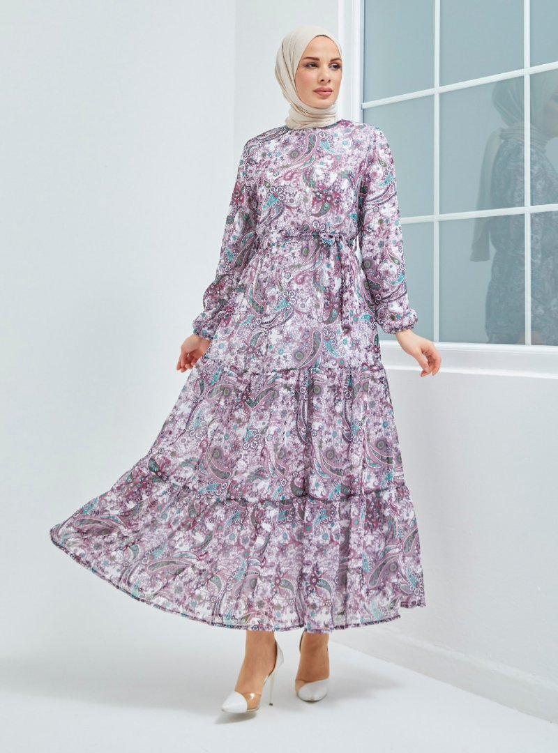 Topless Lila Eteği Fırfırlı şal Desenli Şifon Elbise
