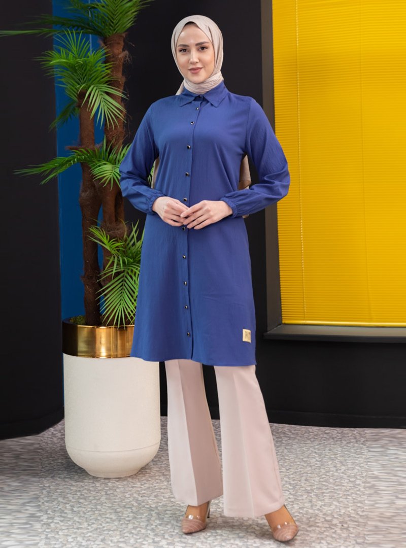 Tofisa Boydan Düğmeli Uzun Tunik Saks Mavisi
