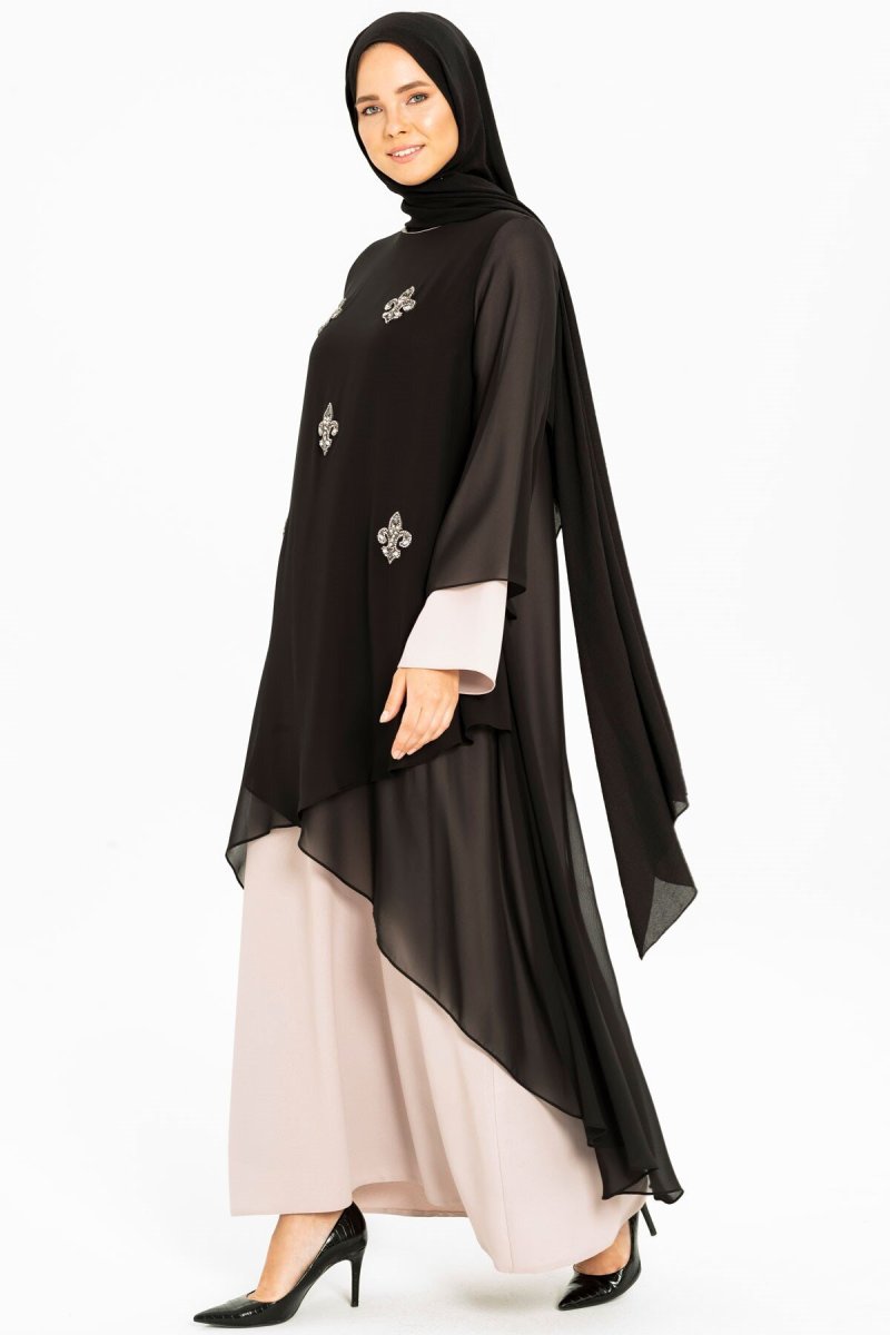 Beyza Bej / Siyah Taş Ve Şifon Detaylı Abiye Elbise