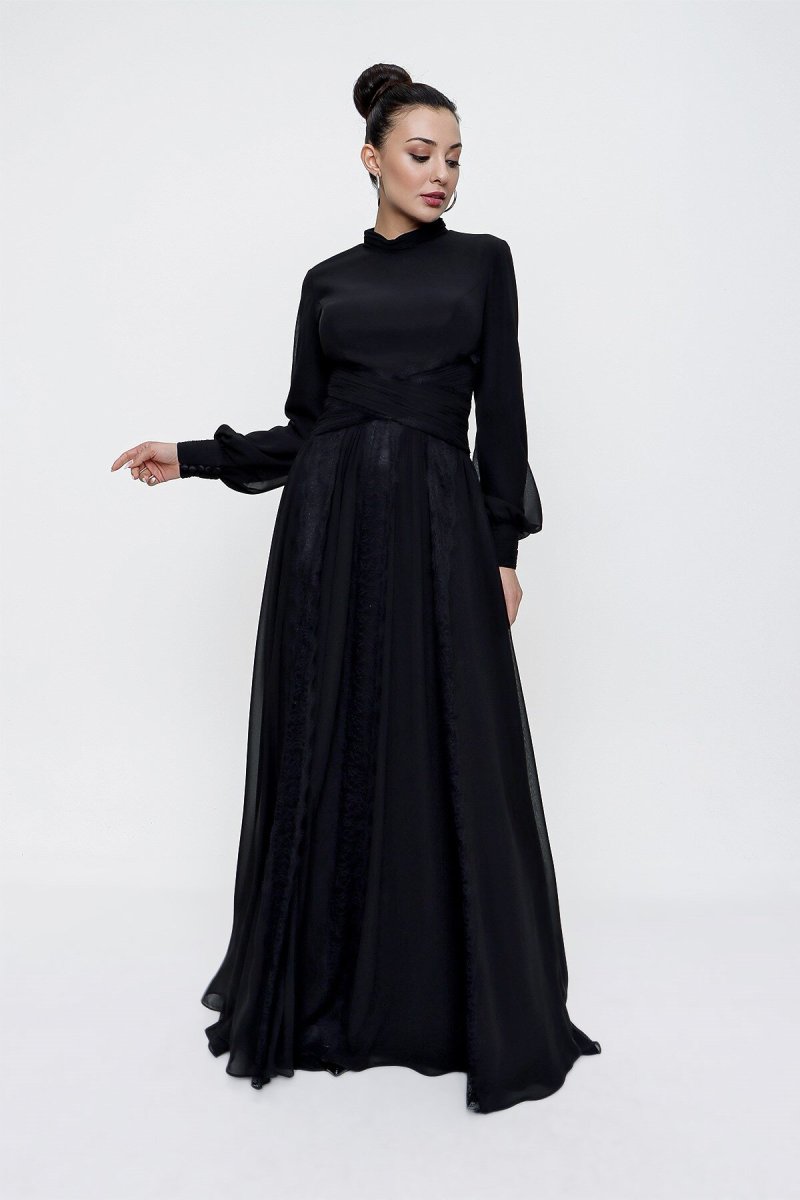 Saygı Giyim Siyah Beli Piliseli Dantel Detaylı Astarlı Uzun Şifon Abiye Elbise