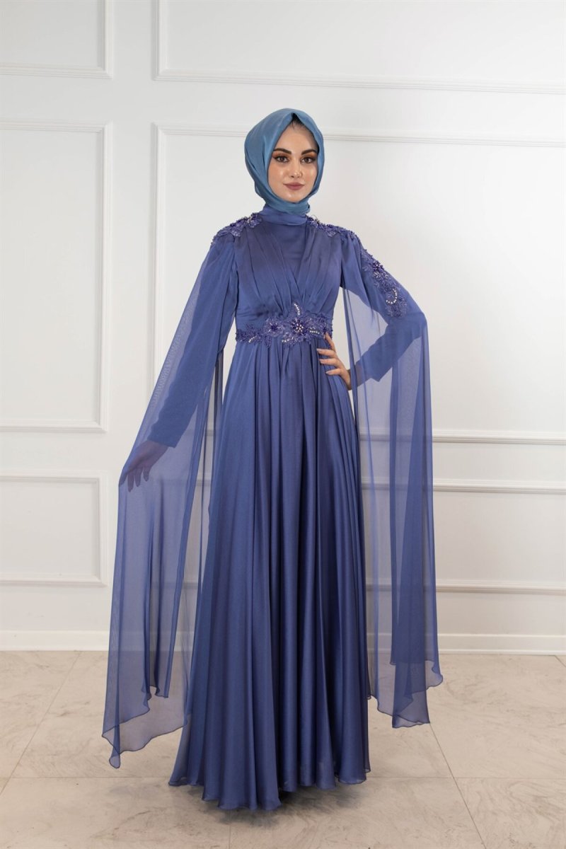 Egelin Mavi Pelerin Kol Omuz Ve Bel Detaylı Pileli Abiye Elbise