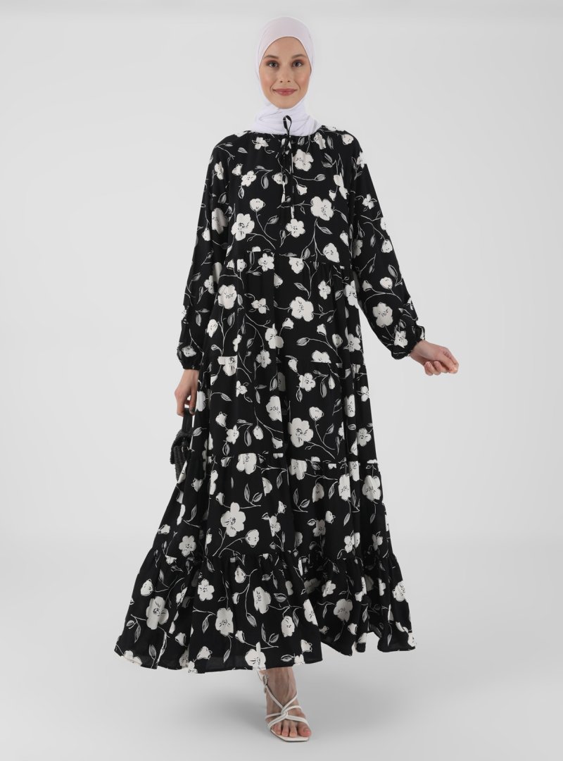 Refka Siyah Çiçek Desenli Kat Kat Viskon Elbise
