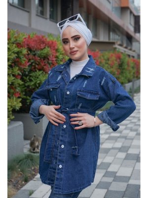 Lurex Moda Yıpratmalı Kemerli Kot Ceket Koyu Mavisi