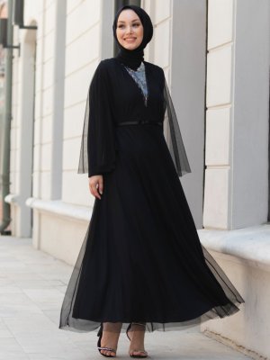 Tofisa Siyah Tül Detaylı Abiye Elbise