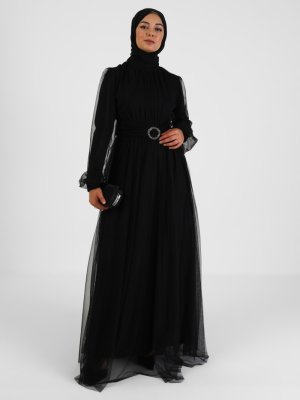 Tavin Siyah Beli Taş Detaylı Tüllü Abiye Elbise