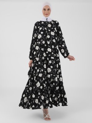 Refka Siyah Çiçek Desenli Kat Kat Viskon Elbise