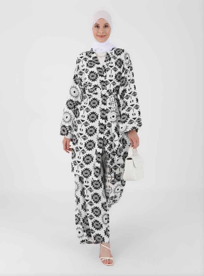 Refka Siyah Beyaz Geometrik Desenli Kimono & Pantolon İkili Takım