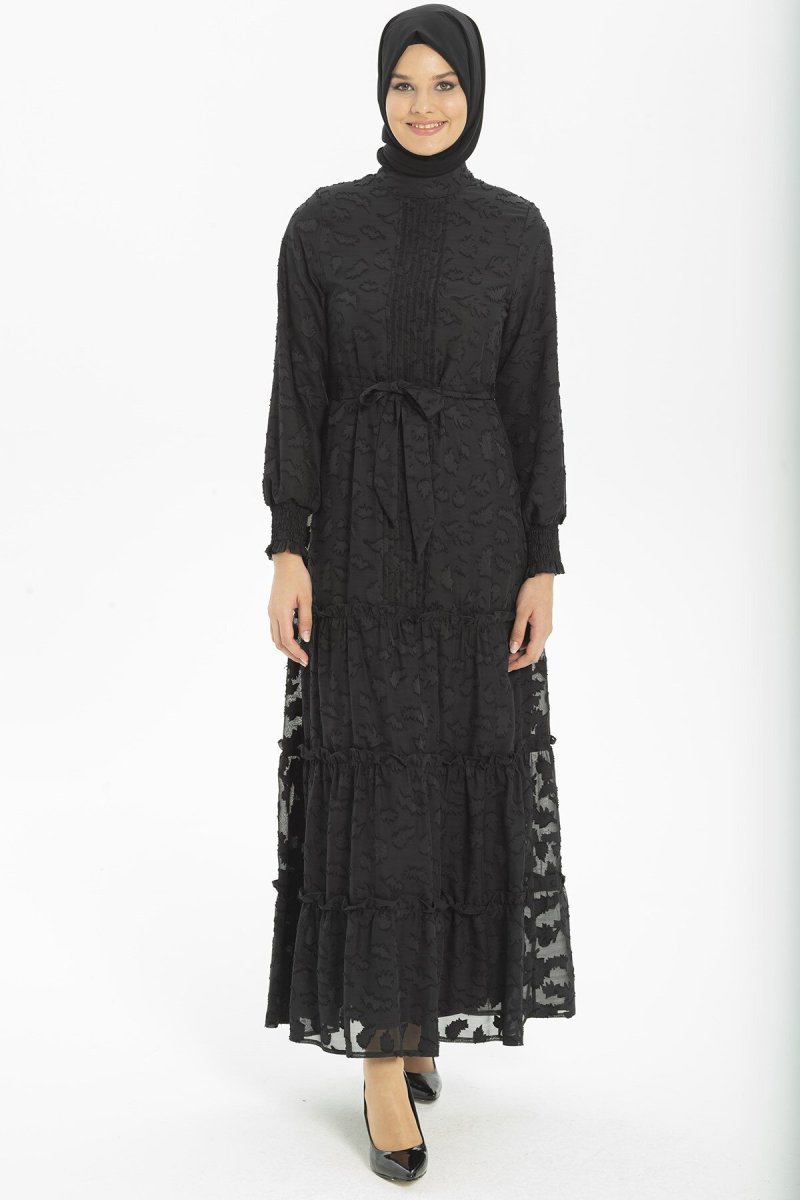 Beyza Siyah Nervürlü Yaprak Baskılı Şifon Elbise