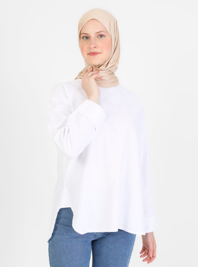 Refka Off White Bisiklet Yaka Basic Poplin Bluz