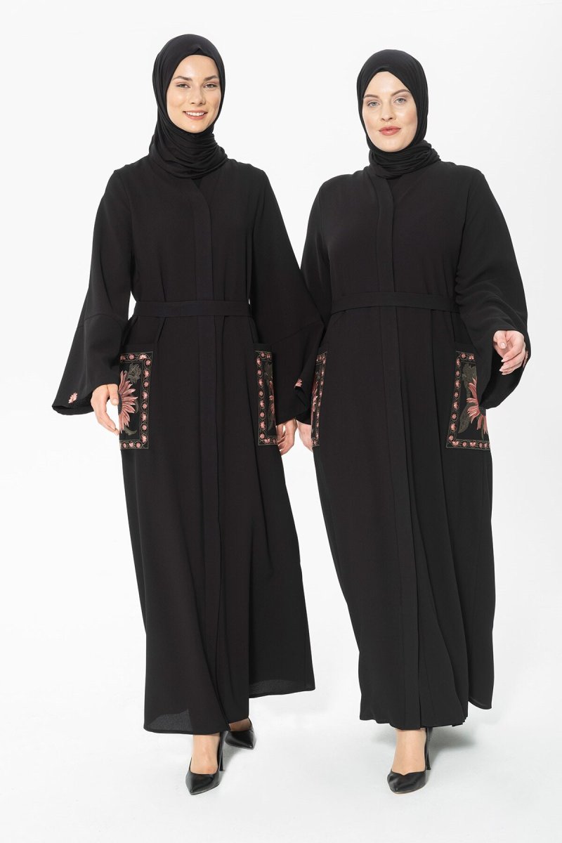 Beyza Siyah Çıtçıtlı Cepleri Nakışlı Abaya