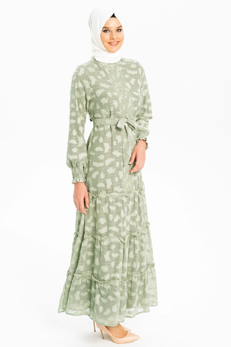 Beyza Mint Yeşil Nervürlü Yaprak Baskılı Şifon Elbise