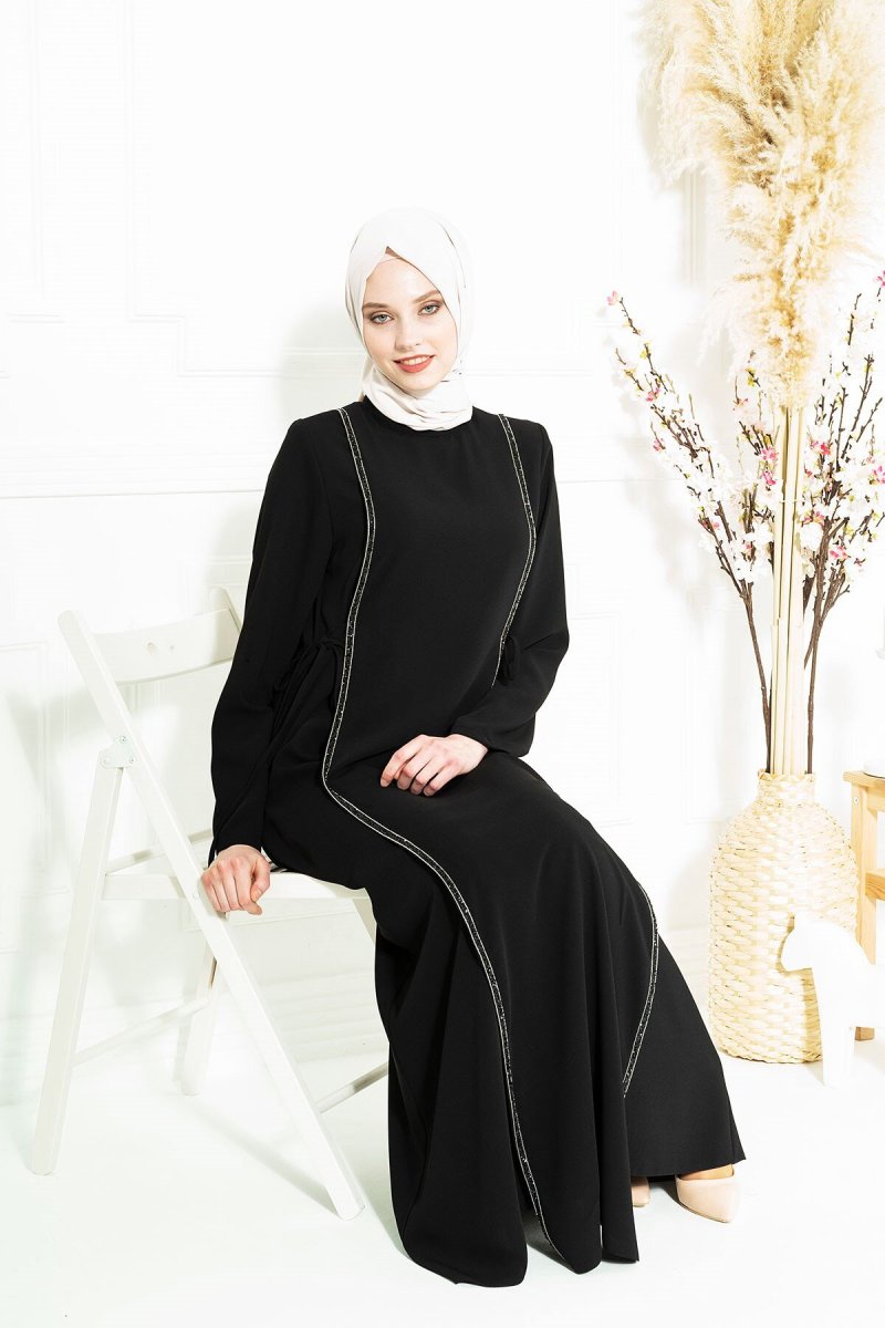Beyza Siyah Taş Şeritli Elbise