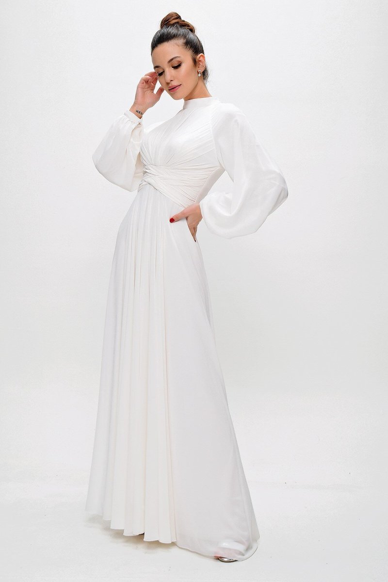 Saygı Giyim Ekru Beli Örgü Detaylı Şifon Abiye Elbise